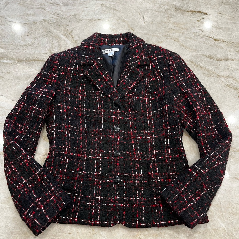 Pendleton Wool Blend Tweed Blazer Black‎ Red White Plaid Fully Lined Size 6
